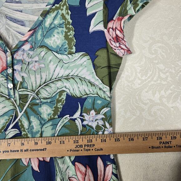 Chaps Maxi Dress sz M Green Blue Multi Floral 100% Cotton Knit V Neck Tropical - Picture 10 of 12